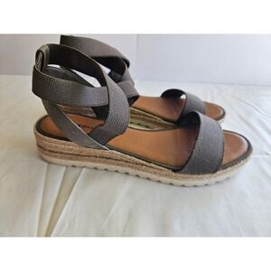 Lucky Brand Women Gray Canvas Espadrille Wedge Sandals Ankle Strap Platform